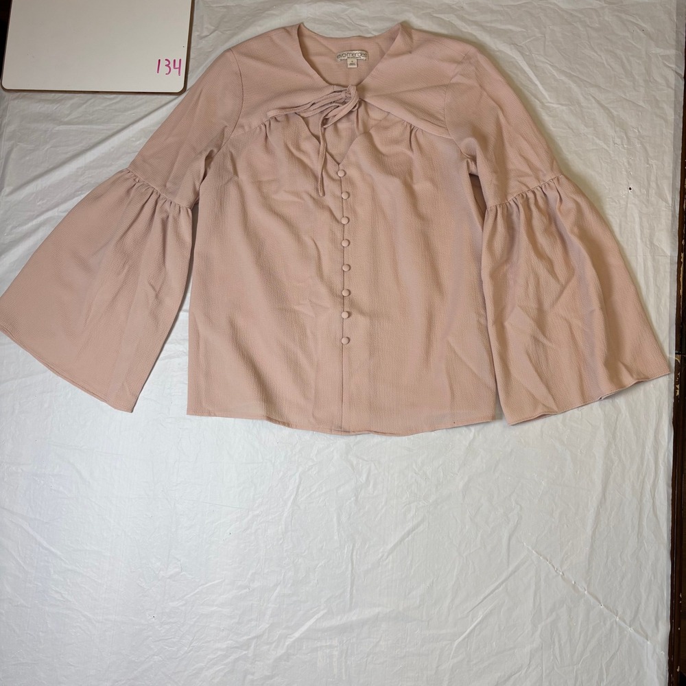 Eva Mendes New York Company‎ Pink Textured Bell Sleeve Tie Neck Blouse Top S